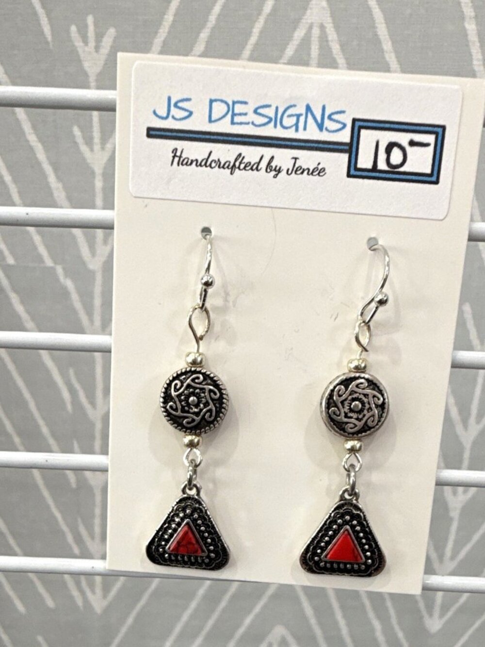 JS Designs Handcrafted Silver Tone Red Triangle Dangle Earrings Hook